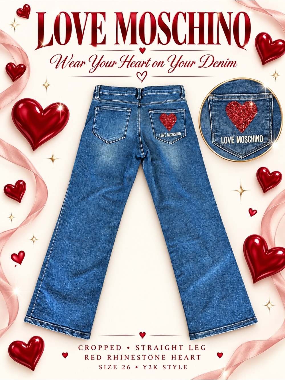 Love Moschino โค๏ธ Rhinestone Heart Cropped Straight Leg Jeans SZ 26 Y2K Style - Picture 8 of 8